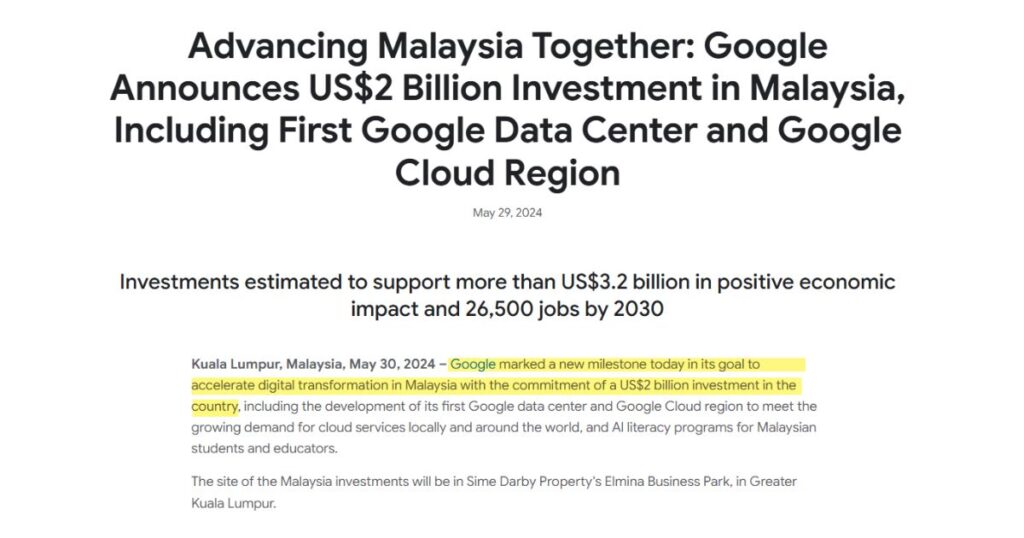 Google Announces US$2 Billion Investment in Malaysia, Including First Google Data Center and Google Cloud Region